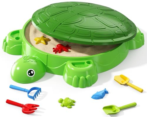Wee Wonders Turtle Sandbox with Lid, Sand Box with Cover incl 8 Sand Toys, Sensory Playsand Activity for Backyard, Summer Beach Indoor Outdoor Toys Gifts for Toddler 3-5