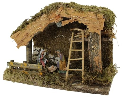 Moranduzzo Capanna Presepe 33x18x23 cm – Artigianato in Legno con Muschio e Corteccia – Natività 6 soggetti 10 cm inclusa – Prodotto Ufficiale, Made in Italy, Scultore M. Landi