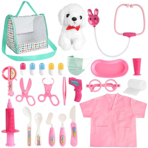 HOTUT Maletin Medico Juguete Infantil, 25Pcs Kit de Doctora Enfermera Juguete Regalo, con Estetoscopio, Bata, Bolsa Médica, Termómetro y Jeringa, Juegos Educativos Niños a Partir de 3 Años, Rosa