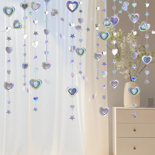 KELAV 40Ft Hängenden Papier Girlande Holographisch Regenbogen,Girlande Papier Irisierende Glitzer Deko Party Geburtstag Liebe Herz für Geburtstag Hochzeit Aufhängen Party Deko (3M x 4)