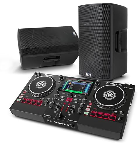 Numark Mixstream Pro+ DJ Controller and ALTO TX415 Powered PA Speakers Pair for Live Music, DJ sets, Events, Music production