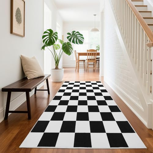 Puremy Wohnzimmerteppich, 80 x 150 cm, Schachbrettmuster, waschbar und rutschfest, flach Bedruckt, ultradünnes Design, geeignet für Schlafzimmer, Kinderzimmer, Badezimmer, Küche, Schwarz