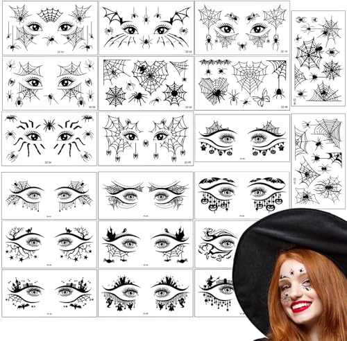 Qpout 10 Bögen 3D-Spinnennetz-Temporärtattoos und 10 Paar Lidschatten Eyeliner Gesicht Augen-Make-up Tattoos Aufkleber, schwarze Horror-Fake-Körperaufkleber für Halloween Accessoires