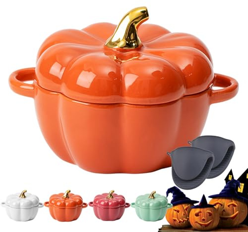 Pumpkin Dutch Oven Pot with Lid, 0.41 qt Pumpkin Cast Iron Dutch Ovens for Bread Baking, Mini Cocottes Enameled Cast Iron Dutch Oven with Handels (Orange-0.45ml)