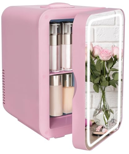 ARTETHYS Mini Fridge for Bedrooms, 8L Skincare Fridge with LED Mirror | Small Fridges for Bedroom, Portable 8 Can Cosmetic Cooler & Warmer, Beauty Fridges, AC DC 12V for Car, Camping, Makeup, Pink