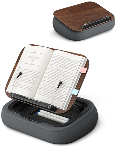 Viozon Cuscino per libri con contenitore, cuscino da lettura regolabile con pannello in legno scuro, supporto multi-angolo per leggere a mani libere a letto o divano, essenziale per gli amanti dei