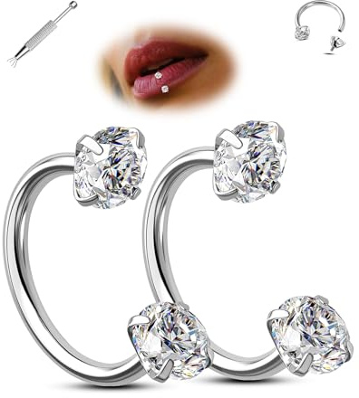 Jewseen 2PCS Pferdeschuhe Nase Ringe Chirurgischer Stahl Knorpel Ohrringe 16G Septum Ringe CZ Lippen Piercing Schmuck Innengewinde Pferdeschuhe Ohrringe 8MM