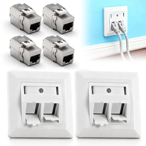 ADDLIVE Netzwerkdose Aufputz Cat7, 2 PCS Netzwerkdose Unterputz und 4 PCS CAT 7 Keystone RJ45 Modul, Lan Ethernet Dose Buchse Mit zwei Anschlüssen für CAT5, CAT5e, CAT6, CAT6a, CAT7, 10 Gbit/s Weiß