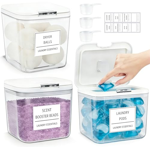 3 Stück Waschmittel Aufbewahrung mit Etiketten und Löffeln 2,5L+2,5L+4L | Pop Up Waschmittelbehälter, Waschmittel pods aufbewahrung für Pulver Perlen Duft Booster und Wäsche Pods