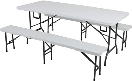 DELUKE Bierzeltgarnitur Rita 3-teilig Tisch & 2X Bank Weiß Kunststoff | Buffettisch Gartengarnitur Klapptisch Klappbank Gartentisch