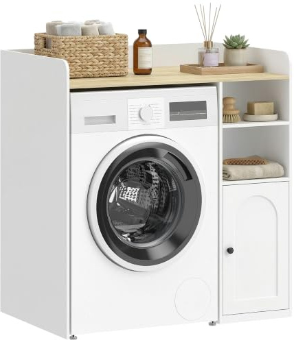 HOMCOM Waschmaschinenschrank Badschrank 93,5 x 60 x 100 cm Weiß und Natur | Offene Ablagefächer, Soft-Close-Tür, Überbauschrank für Waschmaschine, Badezimmer, Toilette