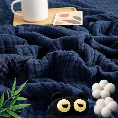 Alpenfaser Musselin Decke, Premium Muslin Blanket 150 x 200 cm, 100% Cotton Musselin Decke Erwachsene, Soft Lightweight Summer Blanket, Sofa Throw, Couch Blankets,All Seasons (Blau,130x150cm)