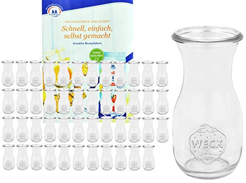 MamboCat 48er Set Weckgläser Saftflaschen 290 ml I Original Weck Glasflasche I Einweckflaschen für Säfte Saucen Öle UVM I Weck Flaschen ohne Deckel inkl. Diamant-Zucker Gelierzauber Rezeptheft