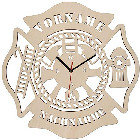 Namofactur personalisierte Feuerwehr-Wanduhr aus Holz für Männer und Kinder | Mit persönlicher Gravur und in verschiedenen Farben wählbar – zum Aufhängen ohne Stromkabel; Batterien nicht enthalten