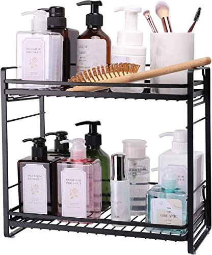 zccz Organizzatore da banco per il bagno a 2 livelli - Scaffale staccabile per il bagno, per la conservazione dei cosmetici, vassoio portatrucchi - Portaspezie da cucina Cestello per doccia, nero