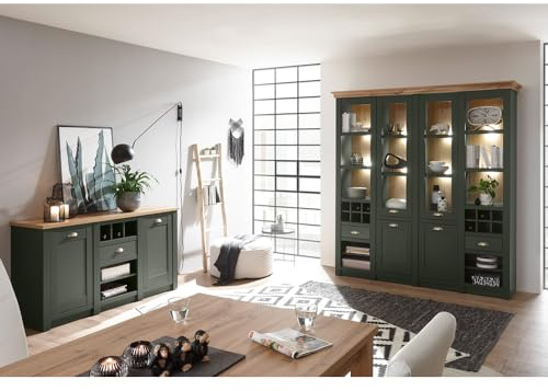 Lomadox Landhaus Wohnmöbel Esszimmermöbel Set, englisch grün mit Wotaneiche, Buffetschrank und Anrichte, mit Beleuchtung