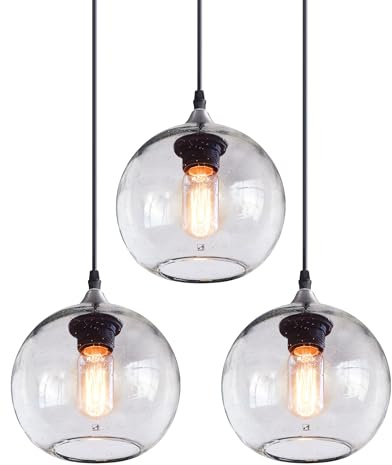 ARIAMOTION Globe Pendant Lights Kitchen Island 3 Pack Hand Blown Glass Modern Rustic Lighting Clear Seeded Bubbles Dining Room Table Coffee Bar Counter Brushed Nickel Lamp 7.4 Inch Diam