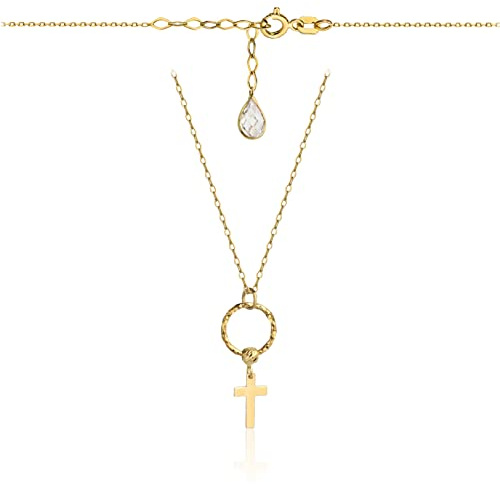Goldene Damen Halskette 585 14k Gold Gelbgold Kette mit Anhänger Kreuz Zirkonia Gravur