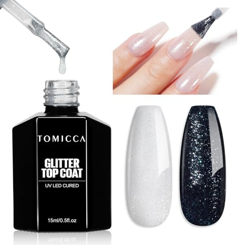 TOMICCA Glitter Top Coat Gel Nail Polish, 15ML Holographic Clear Glitter Gel Polish, No Wipe Top Coat, High Gloss Long Lasting Soak Off Gel for Acrylic Nails Manicure DIY