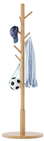 Aibiju Wooden Coat Rack, Free Standing Coat Stand with 8 Hooks and 3 Height Options, Sturdy Kids Coat Tree Easy to Assemble, for Entryway Home Office Jackets Hat Purse Natural YD-1010