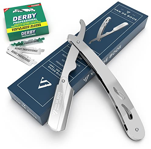 Van De Boos® Rasiermesser Herren Set mit 100 Original Derby Rasierklingen | Langlebiges Edelstahl Rasierklingen Messer mit Wechselklinge & ergonomischem Griff | Barber Bartmesser inkl. Derby Klingen