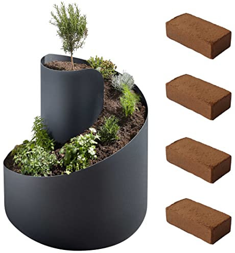 Novaliv Kräuterspirale mit 4X Kokosziegel I 35cmxØ55cm I Anthrazit I Kräuterbeet Erdbeerturm Kräuterschnecke groß Kräuterturm Pflanzenspirale Gewürzschnecke Blumenpyramide Pflanzenschnecke