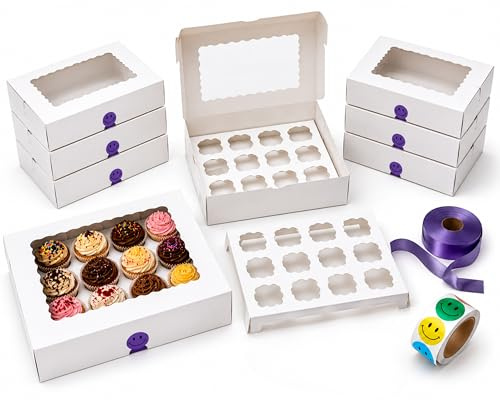 Lakehurst 7 x 12 Hole Cupcake Boxes with Inserts and Window | 7 Pack White Cupcake Carrier Box for Cakes & Muffins | For Mini Cake Boxes & Cookies & Bake Sales | Ribbon, Stickers & Tags Included