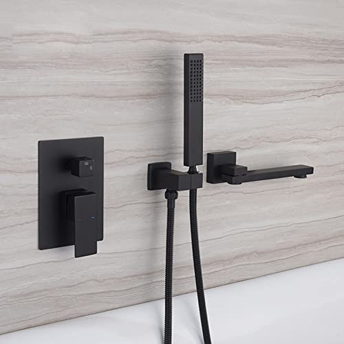 Rubinetto Doccia Da Muro, Rubinetto Vasca A Parete In Nero Opaco Con Doccetta, Miscelatore Vasca Da Bagno Girevole A 360°, Rubinetto Vasca Da Bagno Con Doccetta,Miscelatore Doccia Con Deviatore,Ottone