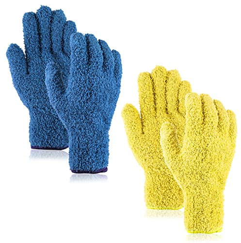 Sibba 2 Paar Staubreinigungshandschuhe Staubhandschuhe Waschbar Wiederverwendbar Hausreinigung Küche Staubentfernungshandschuhe für Jalousien Spiegel Möbel Auto Schwer zu Ecken Lücke (Dunkelblau Gelb)