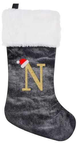 Weihnachtsstrumpf Personalisiert 45 cm Groß Nikolausstrumpf Nikolausstiefel Nikolaussocken zum Befüllen & Aufhängen, Grau Nikolaussocke Weihnachtsdekoration für Kamin, Weihnachtsbaum, Wand, Treppe(N)