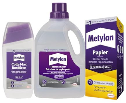 Metylan Papier, Tapetenkleister für Papiertapete (1x125g) & Metylan Bordüren Klebstoff (1x250g) & Metylan Tapetenablöser Aktiv-Konzentrat, löst schnell und problemlos (1x 1l)