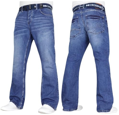Crosshatch Mens Stretch Bootcut Fit Fashion Jeans Trousers Free Belt Stylish Branded Denim By JeanBase Stonewash 34W X 32L
