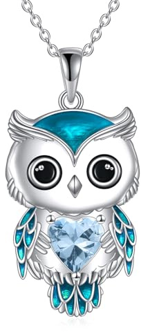 Vadmans Eule Kette Schmuck Geschenke für Damen Sterling Silber Eule Anhänger Halskette März Geburtsstein Zirkonia Weihnachts Schmuck für Frauen (03-März)