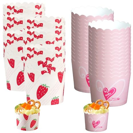 Cupcake Wrapper, 100 Stück Cupcake Liner Fall Wrapper Cupcakes | Muffinförmchen Papier Backbecher Papierkuchen für Backtage Geburtstage Hochzeiten und Partys (Erdbeere und Herzförmig)