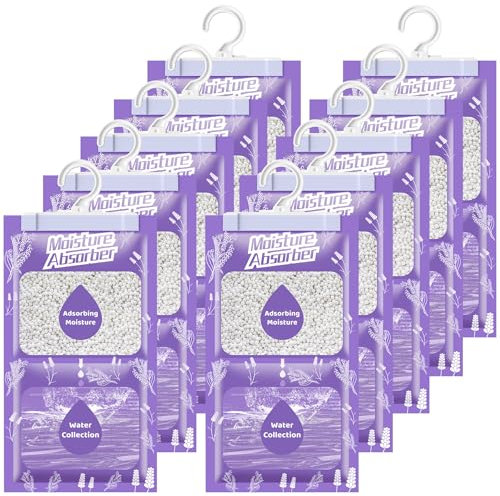 OMECO Déshumidificateurs d'armoire 10x 230g, Sac déshumidification Suspendu Anti-Moisissure au parfum de lavande, Débarrassez-vous de l'humidité pour placard, les Sous-sols, Placards, Buanderies