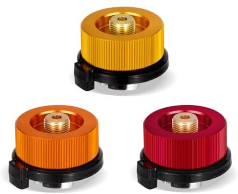 KOMUNJ Pack of 3 Gas Bottle Adapters, BBQ Barbecue, Pierce Cartridges Adapter, Gas Valve Cartridges Nozzle Adapter, for Outdoor Picnics, Gold, Orange, Red