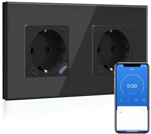BSEED Wlan Schuko Steckdose mit USB C 20W Schnellladegerät,Smart Steckdose Unterputz mit Strommessung,Arbeit mit Alexa/Google Home,Stromzähler für Doppelsteckdose mit Smart Life App,2 Fach Schwarz