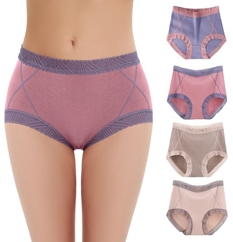 WEASIC lot Culotte Femme Coton Taille Haute Slip Femme Coton sous Vetements feminins Culottes lot Culotte Grande Taille Haute Culottes Dentelle Sport Invisible Underwear (4Pack - Multicolore 1, M)