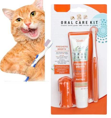 Pet Dental Care Set - Dog & Cat Toothbrush and Toothpaste, Finger Toothbrush, Teeth Cleaning Products, Dental Kit Against Bad Breath (Beef Flavor)