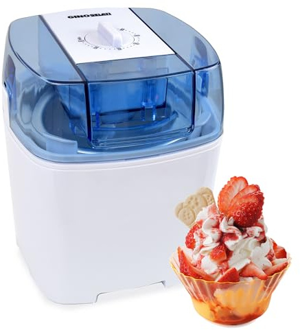 Gino Gelati Eiscreme Maschine Drions/Eismaschine Speiseeismaschine Eisbereiter, Weiß/Blau, Edelstahl, 1,5 Liter Volumen, 30 Watt Leistung, einfache Bedienung