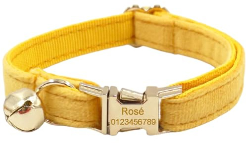 Personalisiertes Katzenhalsband mit Namensschild, verstellbares Samt Katzenhalsband mit Glocke, Haustier Halsband mit Name Telefonnummer Gravierte ID Tags (Turmeric)