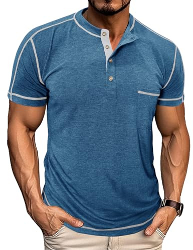T Shirt da Uomo Magliette Manica Corta Uomo Colletto Henley Camicie Basic Tee Girocollo Bottone Estate Shirt Blu L
