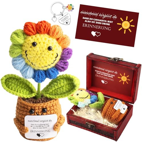 Szhhrxi Dankeschön Geschenke Klein – Pocket Hug Deutsch Positive Gestrickte Mehrfarbig Sonnenblume mit Schlüsselanhänger & Grußkarte im Vintage-Schatztruhe – Glücksbringer für Freunde Kollegen Eltern
