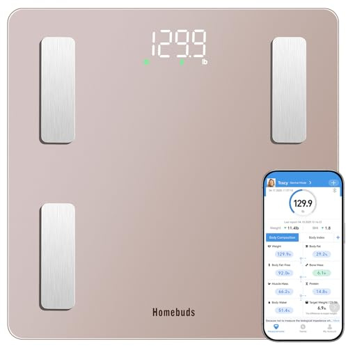 Homebuds Smart Bathroom Scales for Body Weight and Fat, High Precision Assured by Weighing Scales Professional Factory SINCE 2001, App Sync 13 Body Composition with BMI and Body Fat, 400lb Rose Gold