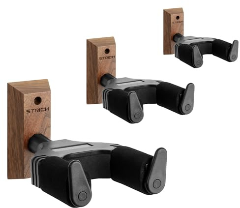 STRICH Lot de 3 supports muraux pour guitare, noyer, en forme de U avec vis, verrouillage automatique pour guitare acoustique, électrique, banjo, basse