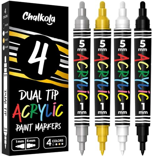 Chalkola 4 pennarelli acrilici a doppia punta (bianco, nero, oro e argento) punta fine da 1 mm e punta media da 5 mm, pennarelli indelebili per pittura su roccia, plastica, legno, ceramica, vetro