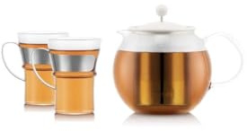 French-Press-Teekanne - BODUM - ASSAM SET - 1,0 l mit Edelstahlfilter, Kunststoffdeckel + 2 Glasbecher mit Edelstahlgriff 0,35 l