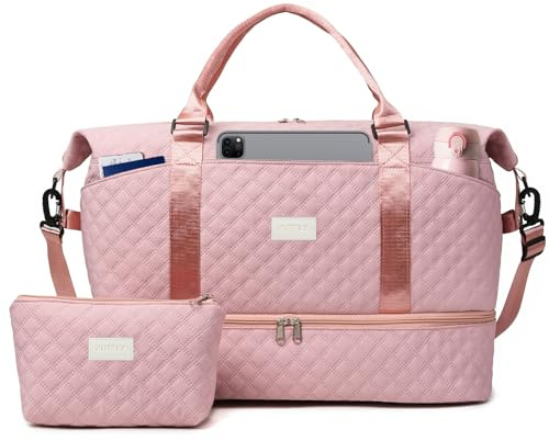 Outplea Reisetasche Handgepäck Damen mit Schuhfach & Nassfach, Reiseduffel Weekender Cabin Bag mit Waschtasche, Kliniktasche Geburt, Rosa