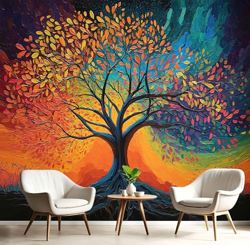 JEDTAKCT Big Tree Oil Painting Photo Wallpaper Fantasy Starry Sky Wall Mural Silk Wall Decor Burnt Orange Art Poster Picture Design Mural Wallpaper for Living Room Bedroom Dorm Décor 250X175Cm