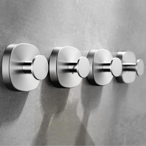 4PCS Suction Cup Hooks for Bathroom and Kitchen, No Drilling - Damage Free Towel Holders, Stainless Steel Tea Towel Hooks, Heavy-Duty Stick on Wall Hangers, Reusable and Removable, Brushed Silver